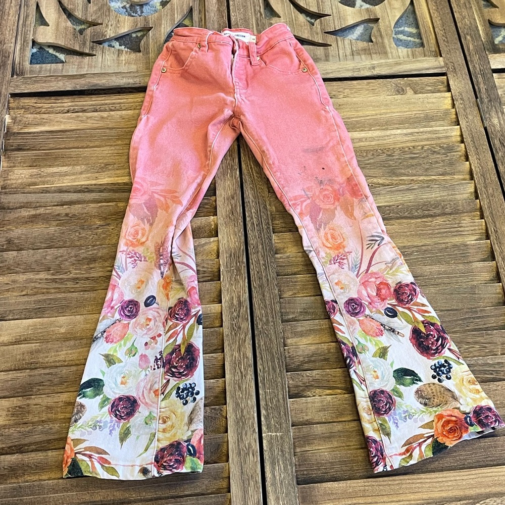 Ranch Dress’n Coral Girls Floral Bell-Bottom Flare Jeans - Pink, Feather Size 4